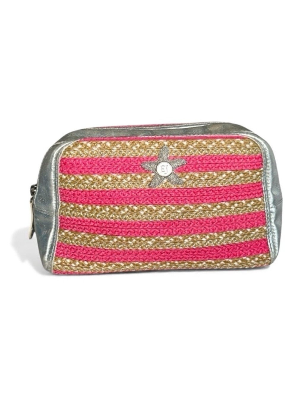 Eric Javits Pink Striped Woven Straw & Silver Leather Clutch Bag Cosmetic Case